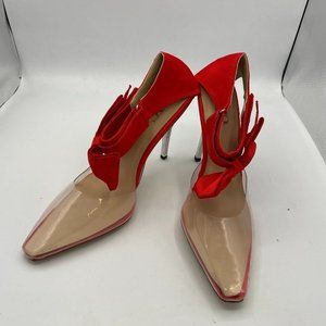 A NUYG Red High Heel Ankle Strap Bow Closed Square Toe PVC Pumps